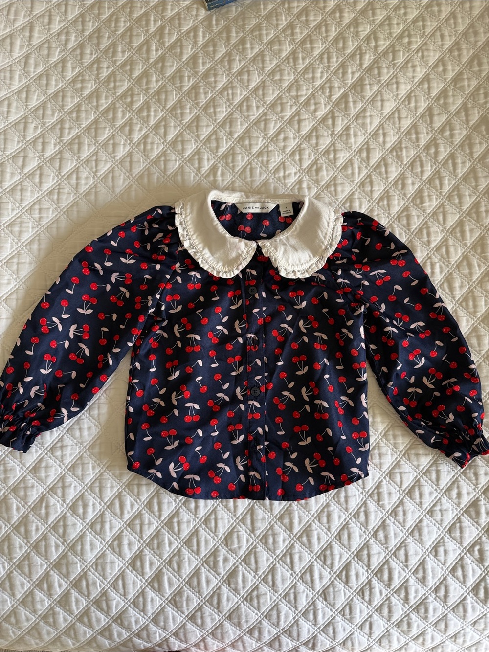 Janie and Jack Girls Navy Cherry Print Blouse with White Peter Pan Collar